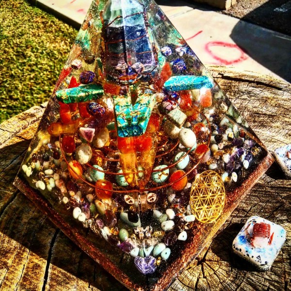 Gemstones, orgonite, and paintings