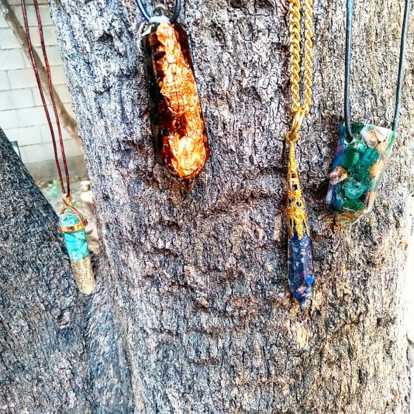 Gemstones, orgonite, and paintings